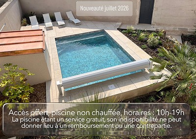 Piscine extérieure non chauffée avec chaises longues et végétation.